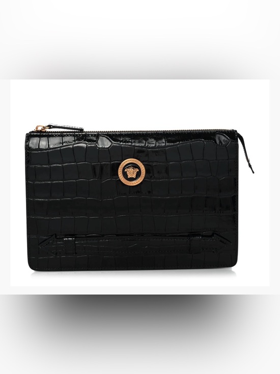 Versace Handbags - Versace Black Croc-Embossed Leather Zip Pouch with Gold Medusa Accent